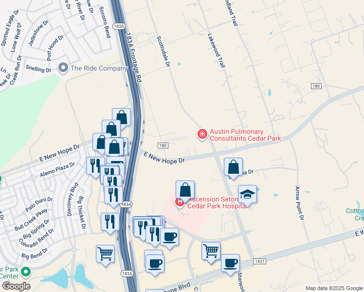 map of restaurants, bars, coffee shops, grocery stores, and more near 1776 County Road 180 in Leander
