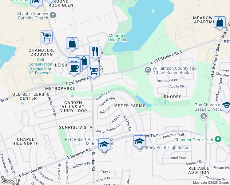 map of restaurants, bars, coffee shops, grocery stores, and more near 2622 Bradley Lane in Round Rock