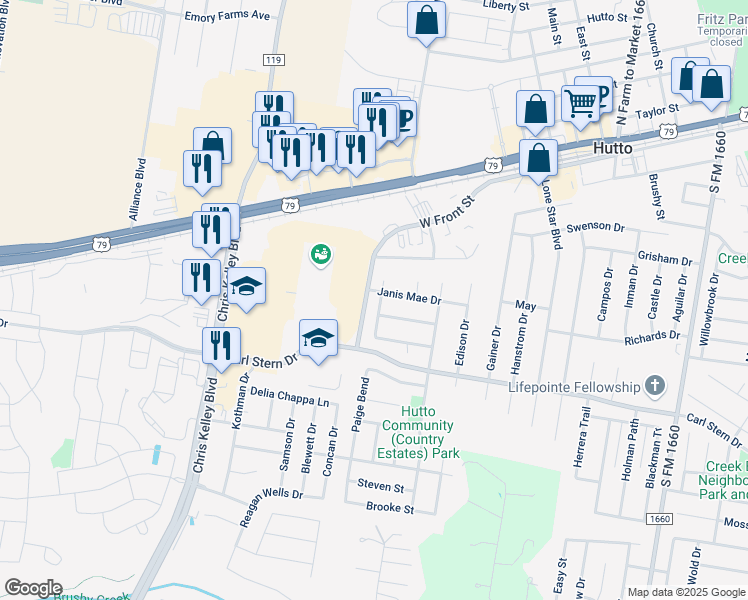map of restaurants, bars, coffee shops, grocery stores, and more near 305 Warner Bend in Hutto