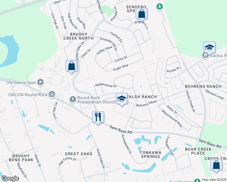 map of restaurants, bars, coffee shops, grocery stores, and more near 3518 Citrine Place in Round Rock