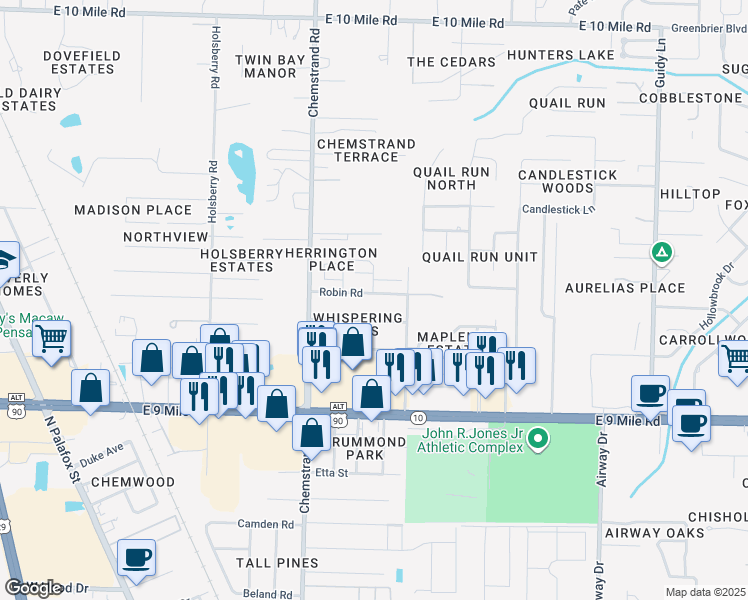 map of restaurants, bars, coffee shops, grocery stores, and more near 421 Robin Road in Pensacola