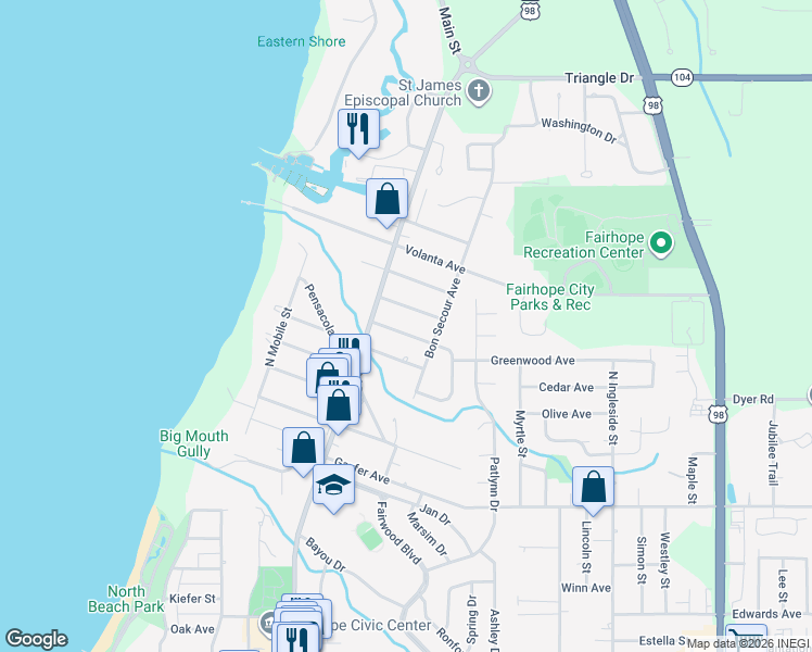 map of restaurants, bars, coffee shops, grocery stores, and more near 413 Rosa Avenue in Fairhope