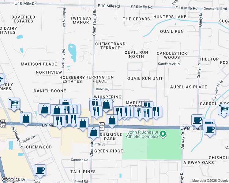 map of restaurants, bars, coffee shops, grocery stores, and more near 421 Robin Road in Pensacola