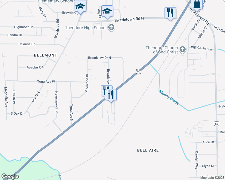 map of restaurants, bars, coffee shops, grocery stores, and more near 6131 Government Boulevard in Theodore