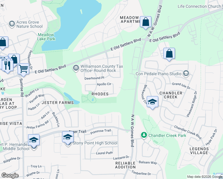 map of restaurants, bars, coffee shops, grocery stores, and more near 1005 Apollo Circle in Round Rock
