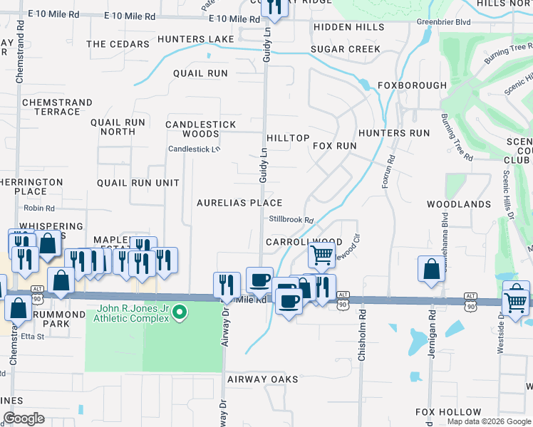 map of restaurants, bars, coffee shops, grocery stores, and more near 1000 Stillbrook Road in Pensacola