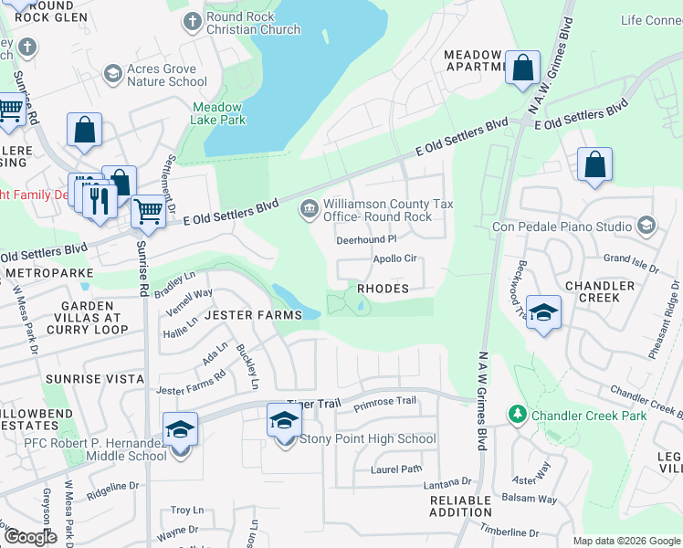 map of restaurants, bars, coffee shops, grocery stores, and more near 1404 Apollo Circle in Round Rock