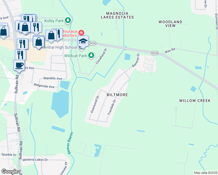 map of restaurants, bars, coffee shops, grocery stores, and more near 9823 Banway Drive in Central
