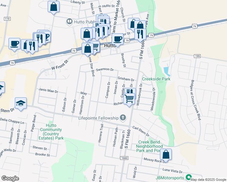 map of restaurants, bars, coffee shops, grocery stores, and more near 115 Inman Drive in Hutto