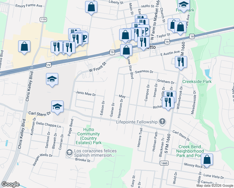 map of restaurants, bars, coffee shops, grocery stores, and more near 200 Gainer Drive in Hutto