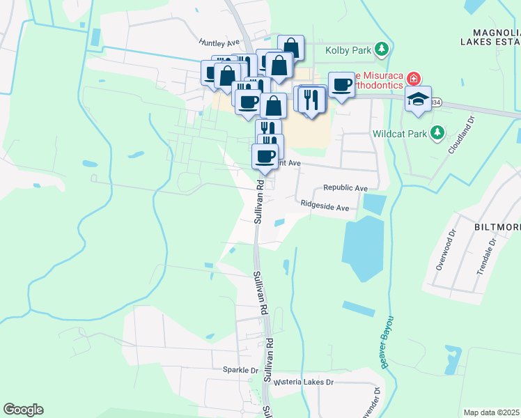 map of restaurants, bars, coffee shops, grocery stores, and more near 9626 Sullivan Road in Baton Rouge