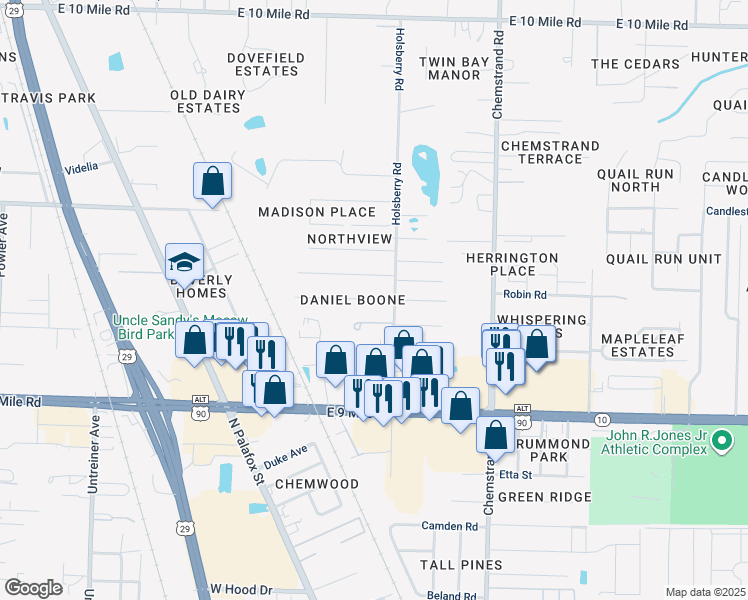 map of restaurants, bars, coffee shops, grocery stores, and more near 160 Sprague Drive in Pensacola