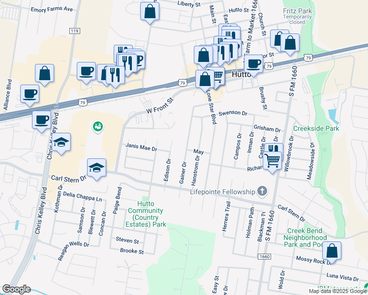 map of restaurants, bars, coffee shops, grocery stores, and more near 201 Gainer Drive in Hutto