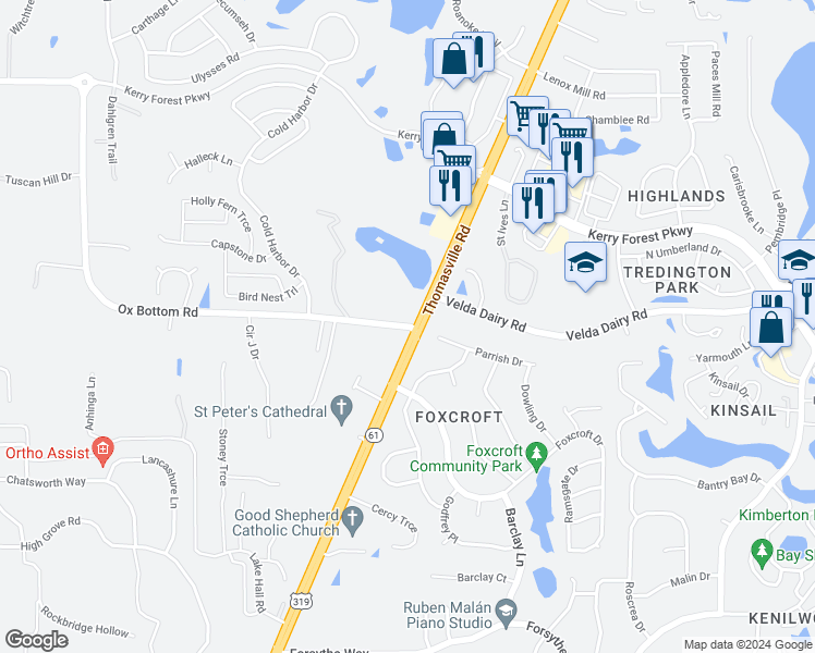 map of restaurants, bars, coffee shops, grocery stores, and more near 2720 Ox Bottom Road in Tallahassee