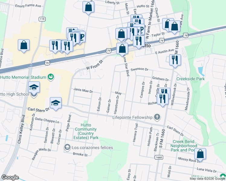 map of restaurants, bars, coffee shops, grocery stores, and more near 200 Gainer Drive in Hutto