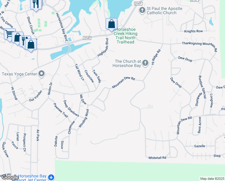 map of restaurants, bars, coffee shops, grocery stores, and more near 801B Grassy Knoll in Horseshoe Bay