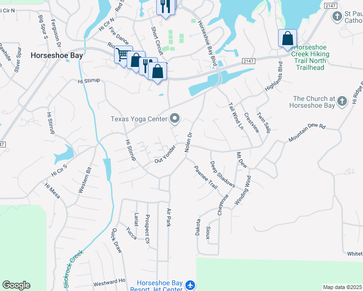 map of restaurants, bars, coffee shops, grocery stores, and more near 205 Out Yonder in Horseshoe Bay