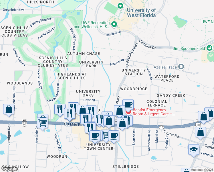 map of restaurants, bars, coffee shops, grocery stores, and more near 9716 Barranger Drive in Pensacola
