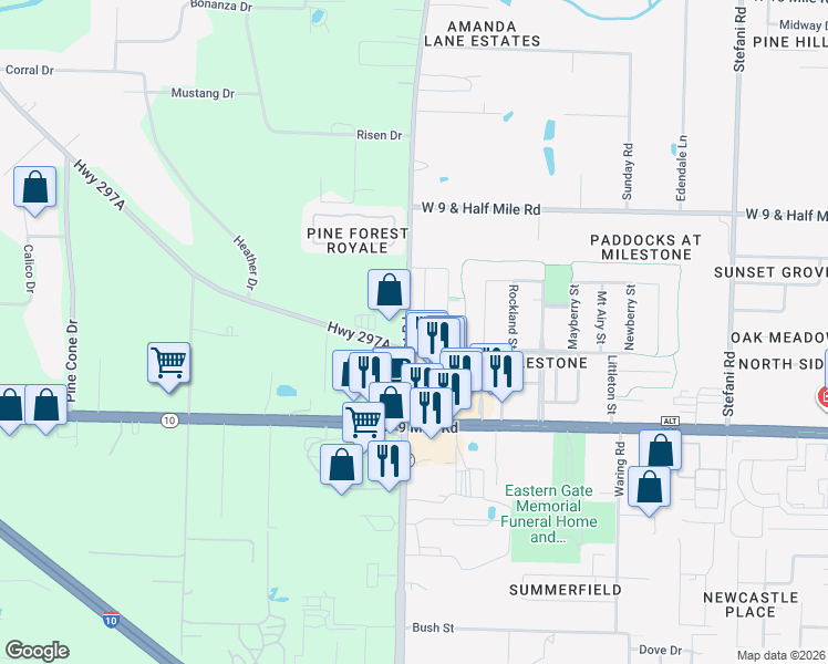 map of restaurants, bars, coffee shops, grocery stores, and more near 4116 County Road 297A in Cantonment