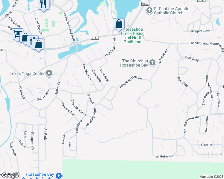 map of restaurants, bars, coffee shops, grocery stores, and more near 800C Grassy Knoll in Horseshoe Bay