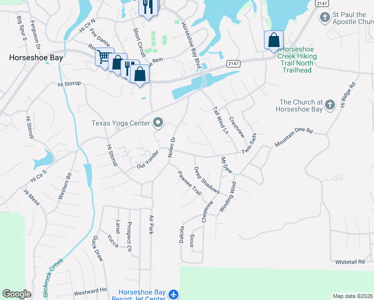 map of restaurants, bars, coffee shops, grocery stores, and more near 110 Mount Dew in Horseshoe Bay