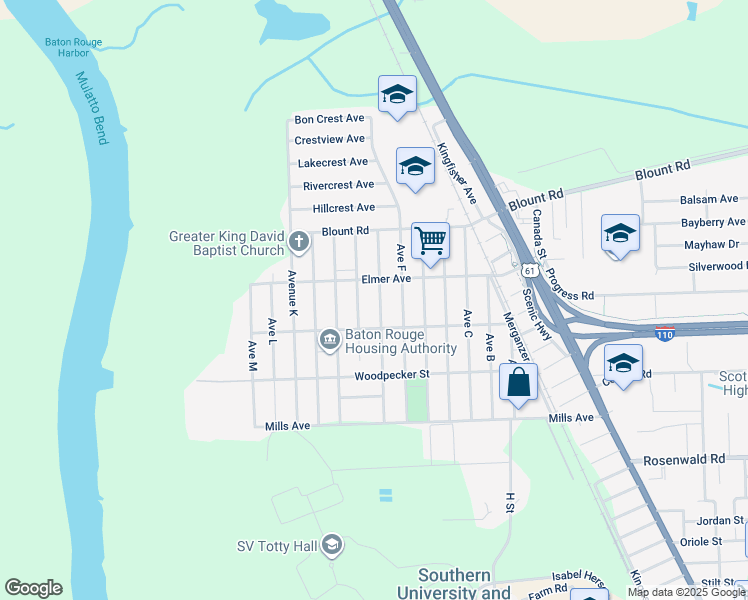 map of restaurants, bars, coffee shops, grocery stores, and more near 10255 Avenue G in Baton Rouge