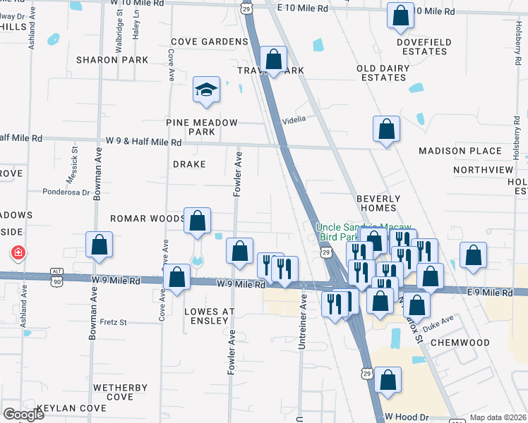 map of restaurants, bars, coffee shops, grocery stores, and more near 9651 Huckleberry Lane in Pensacola