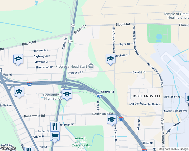 map of restaurants, bars, coffee shops, grocery stores, and more near 1725 Progress Road in Baton Rouge