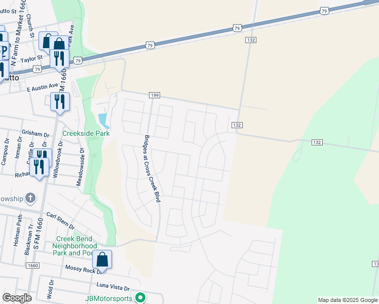 map of restaurants, bars, coffee shops, grocery stores, and more near 3784 County Road 132 in Hutto