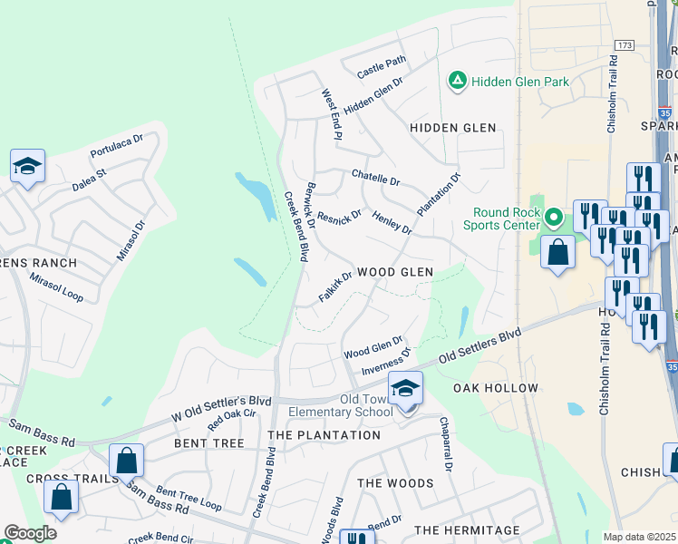 map of restaurants, bars, coffee shops, grocery stores, and more near 2207 Falkirk Drive in Round Rock