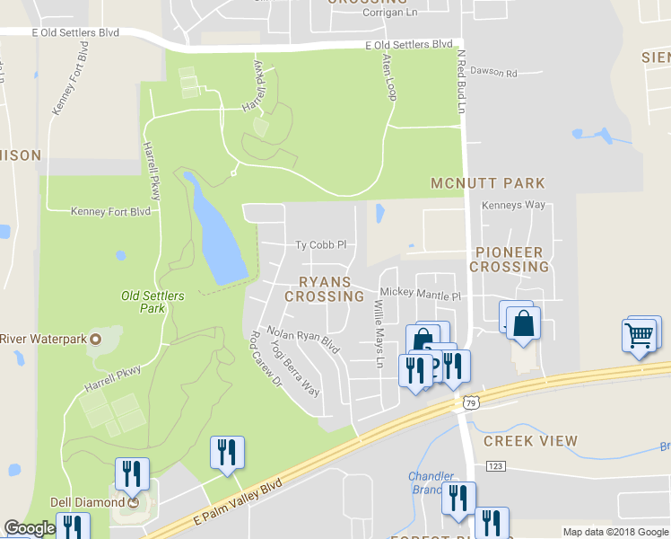 map of restaurants, bars, coffee shops, grocery stores, and more near 1513 Jackie Robinson Place in Round Rock