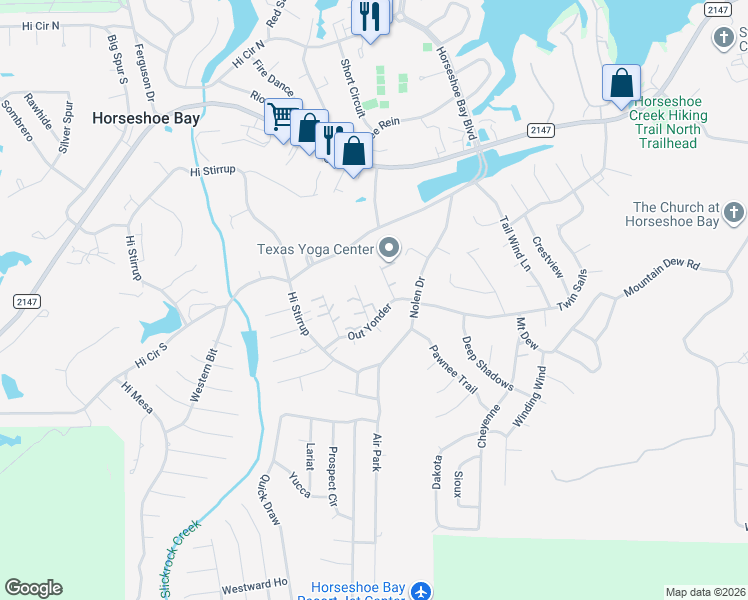 map of restaurants, bars, coffee shops, grocery stores, and more near 205 Out Yonder in Horseshoe Bay