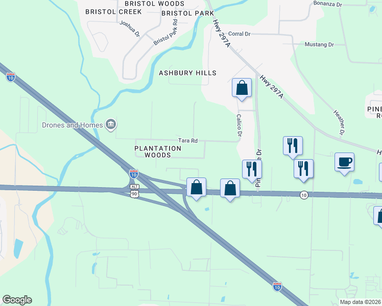 map of restaurants, bars, coffee shops, grocery stores, and more near 454 Bocage Road in Escambia County