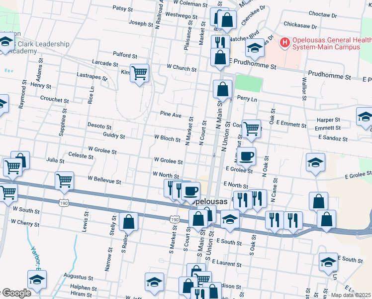 map of restaurants, bars, coffee shops, grocery stores, and more near 427 North Market Street in Opelousas