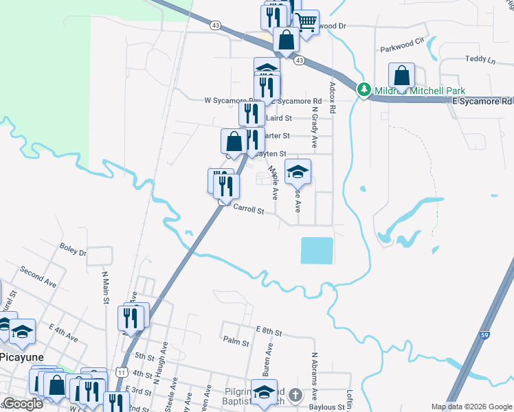 map of restaurants, bars, coffee shops, grocery stores, and more near 583 Carroll Street in Picayune
