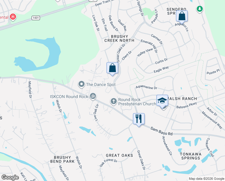 map of restaurants, bars, coffee shops, grocery stores, and more near 4200 Sam Bass Road in Round Rock