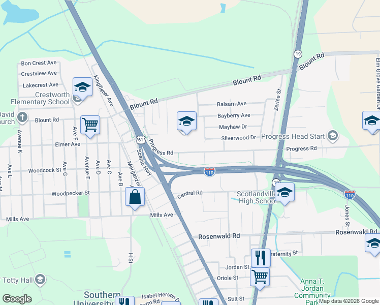 map of restaurants, bars, coffee shops, grocery stores, and more near 855 Progress Road in Baton Rouge