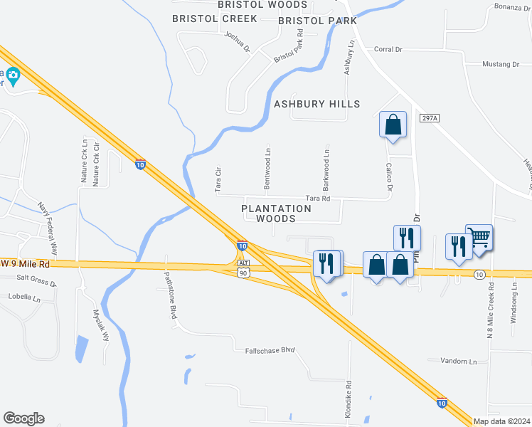 map of restaurants, bars, coffee shops, grocery stores, and more near 634 Bocage Road in Cantonment