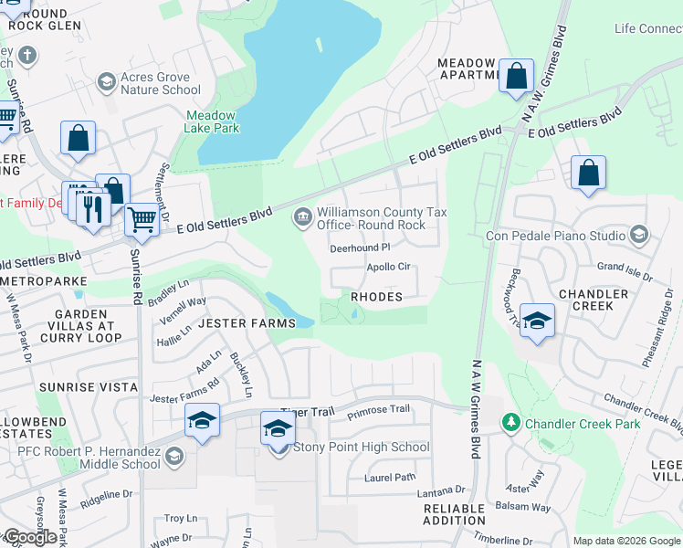 map of restaurants, bars, coffee shops, grocery stores, and more near 1404 Apollo Circle in Round Rock
