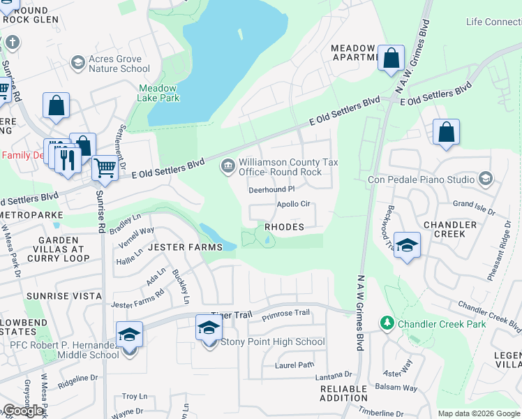 map of restaurants, bars, coffee shops, grocery stores, and more near 1404 Apollo Circle in Round Rock