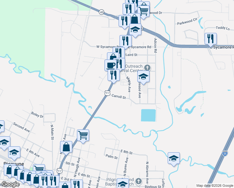 map of restaurants, bars, coffee shops, grocery stores, and more near 501 Carroll Street in Picayune