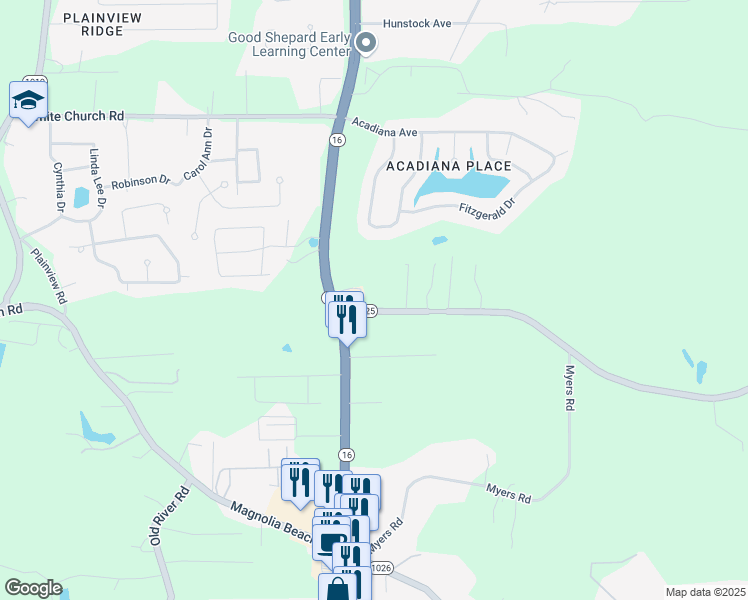 map of restaurants, bars, coffee shops, grocery stores, and more near 7995 Arnold Road in Denham Springs