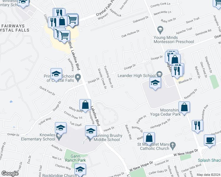 map of restaurants, bars, coffee shops, grocery stores, and more near 2723 Tumbling River Drive in Leander