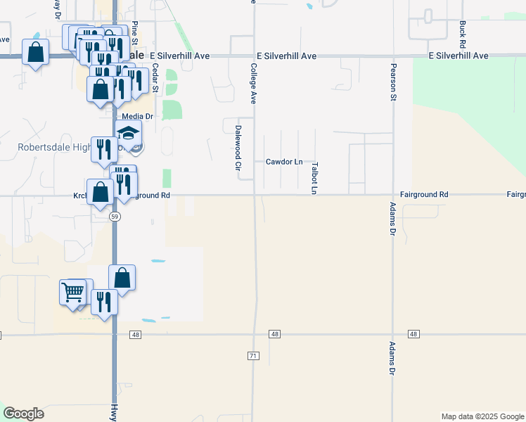 map of restaurants, bars, coffee shops, grocery stores, and more near 21685 County Road 71 in Robertsdale