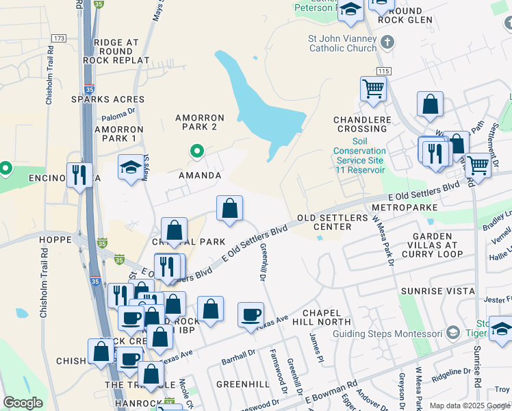 map of restaurants, bars, coffee shops, grocery stores, and more near 610 Greenhill Drive in Round Rock