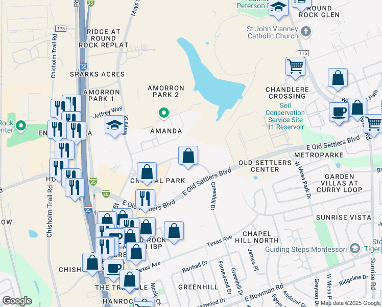 map of restaurants, bars, coffee shops, grocery stores, and more near 600 Greenhill Drive in Round Rock