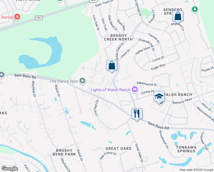 map of restaurants, bars, coffee shops, grocery stores, and more near 4200 Sam Bass Road in Round Rock