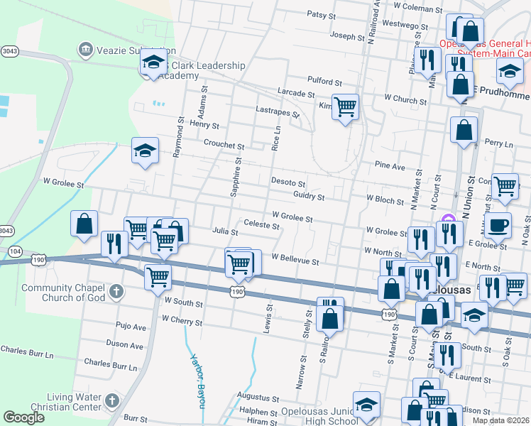 map of restaurants, bars, coffee shops, grocery stores, and more near 298 Rice Lane in Opelousas