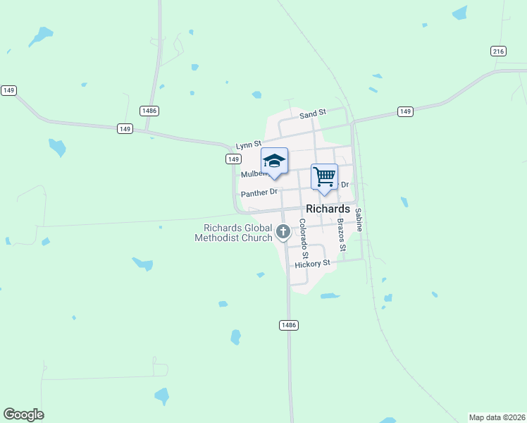map of restaurants, bars, coffee shops, grocery stores, and more near 6639 Farm to Market 1486 in Richards