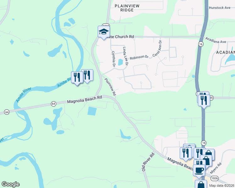 map of restaurants, bars, coffee shops, grocery stores, and more near 7651 Magnolia Beach Road in Denham Springs
